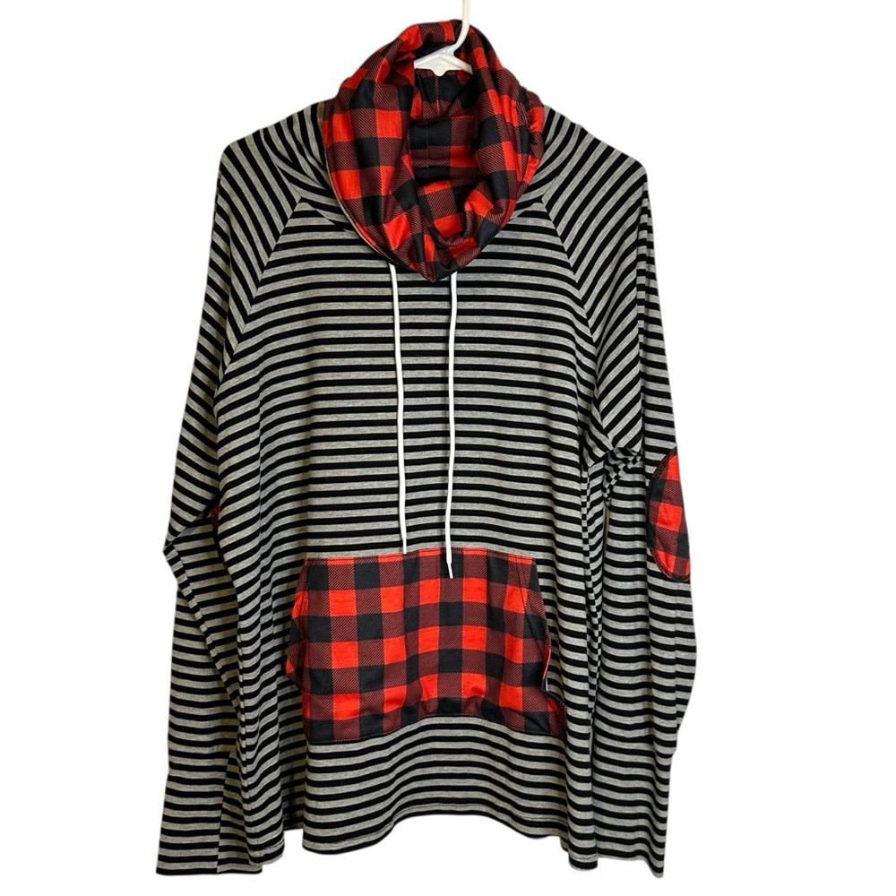 Hawthorne Cowl Neck Buffalo Plaid Stripe Tunic Pullover Top 3X Cozy Cabin